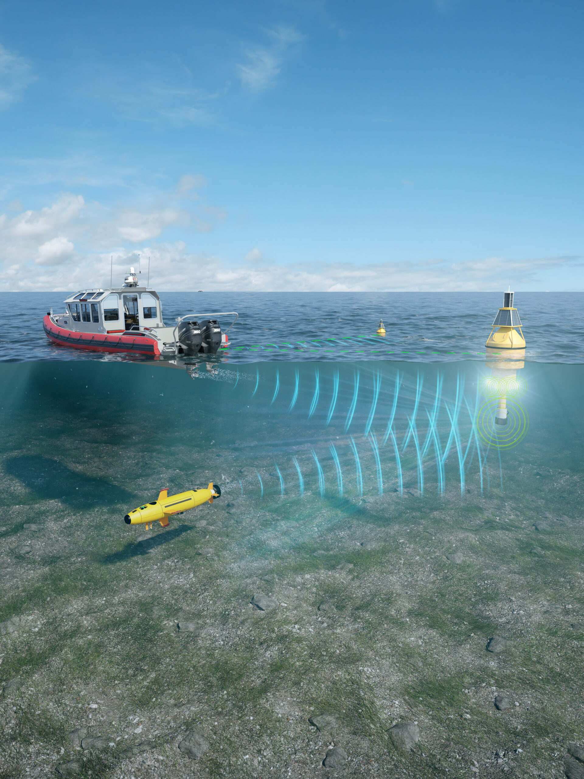 Aerial view of sonar communication patterns between a survey vessel, sensor buoys, and an autonomous underwater vehicle.